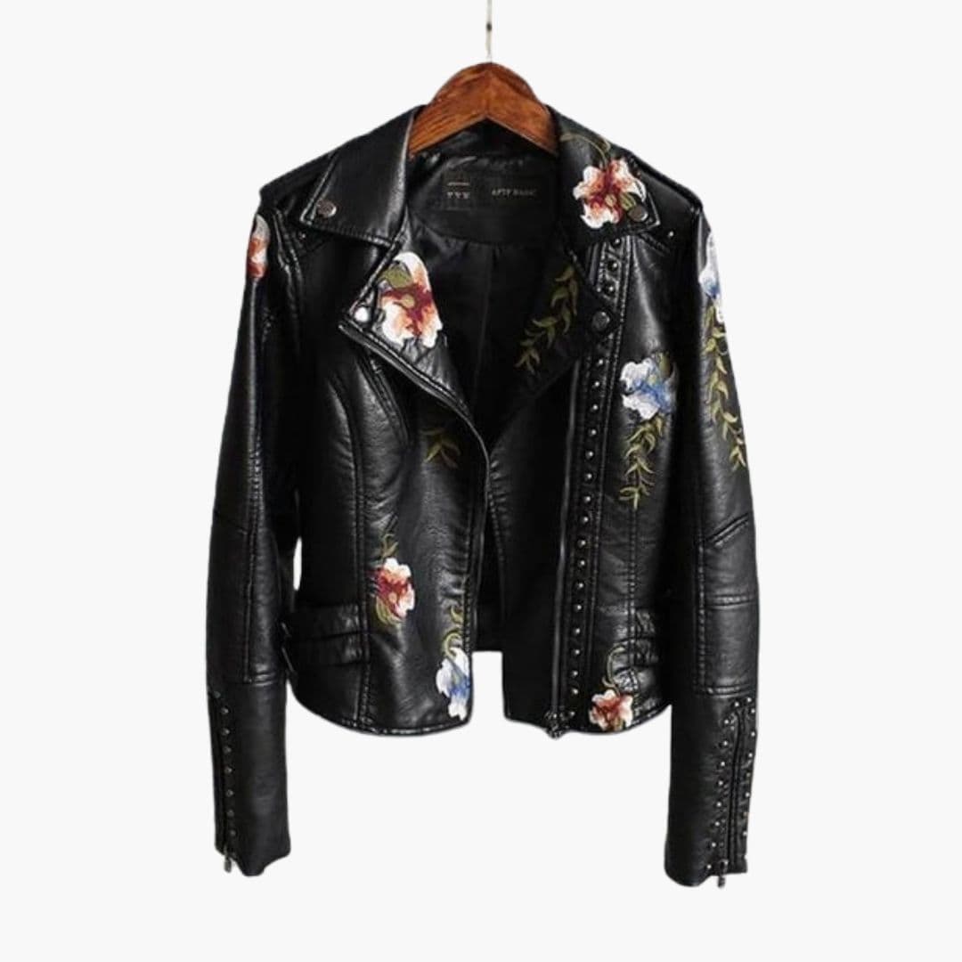 Blouson Motard Femme avec Broderie Florale