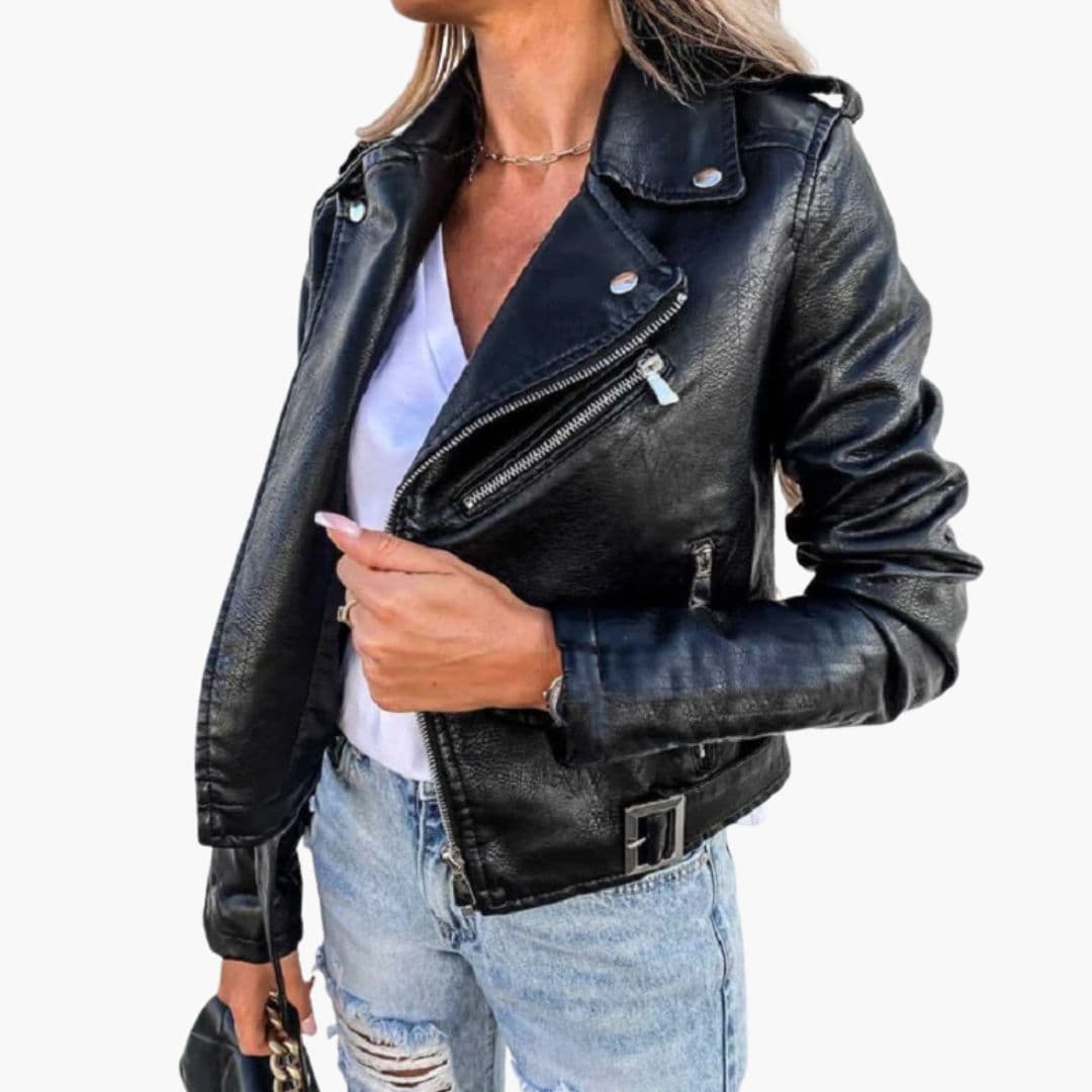 Blouson Motard Femme avec Col à Revers