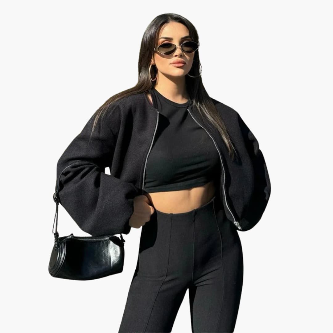 Bomber corto da donna con chiusura lampo e maniche lunghe