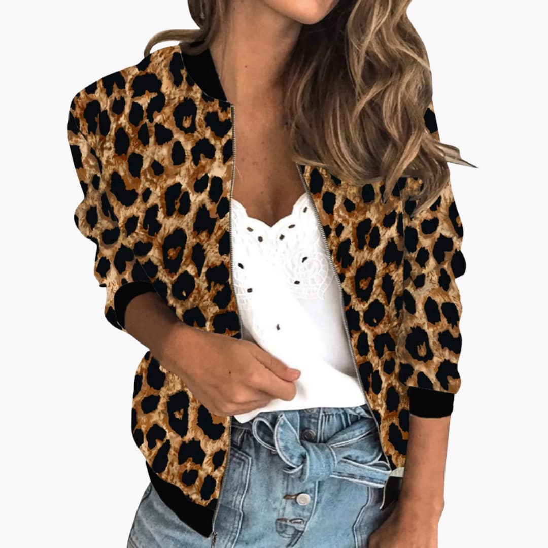 Bomber donna con motivo animalier e chiusura con zip