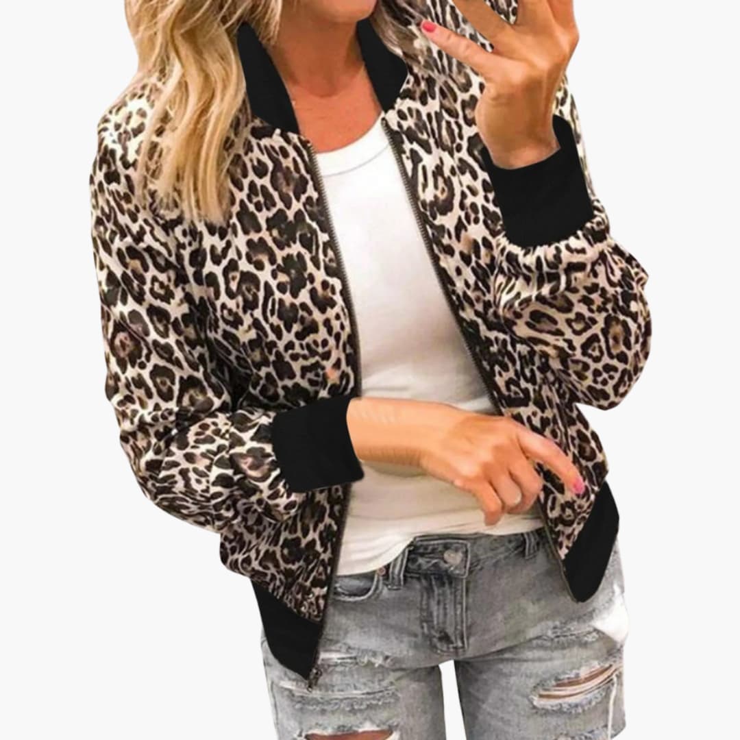 Bomber donna con motivo animalier e chiusura con zip