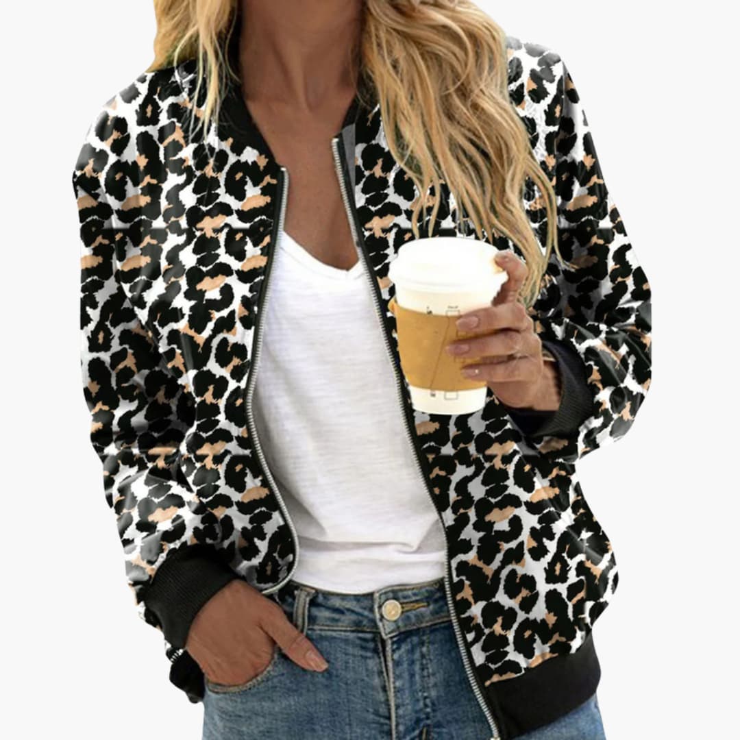 Bomber donna con motivo animalier e chiusura con zip