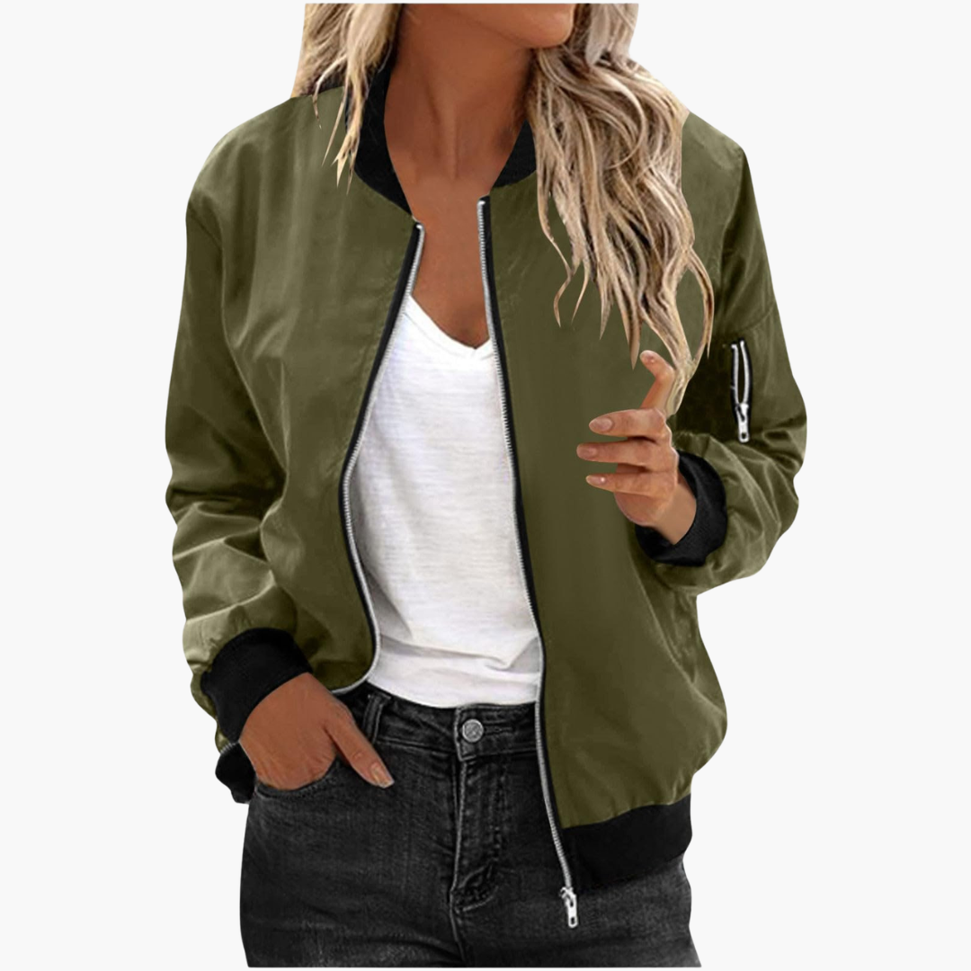 Blouson bomber femme avec fermeture zippée et finitions côtelées