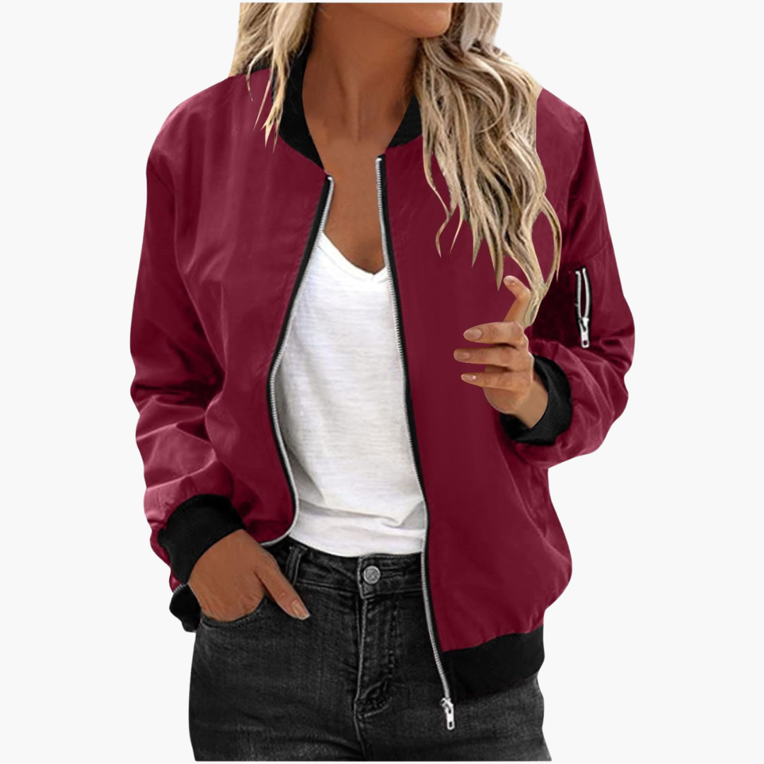 Blouson bomber femme avec fermeture zippée et finitions côtelées