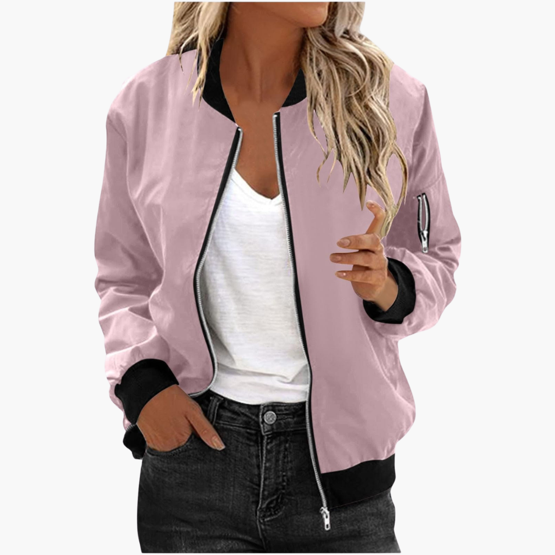 Blouson bomber femme avec fermeture zippée et finitions côtelées