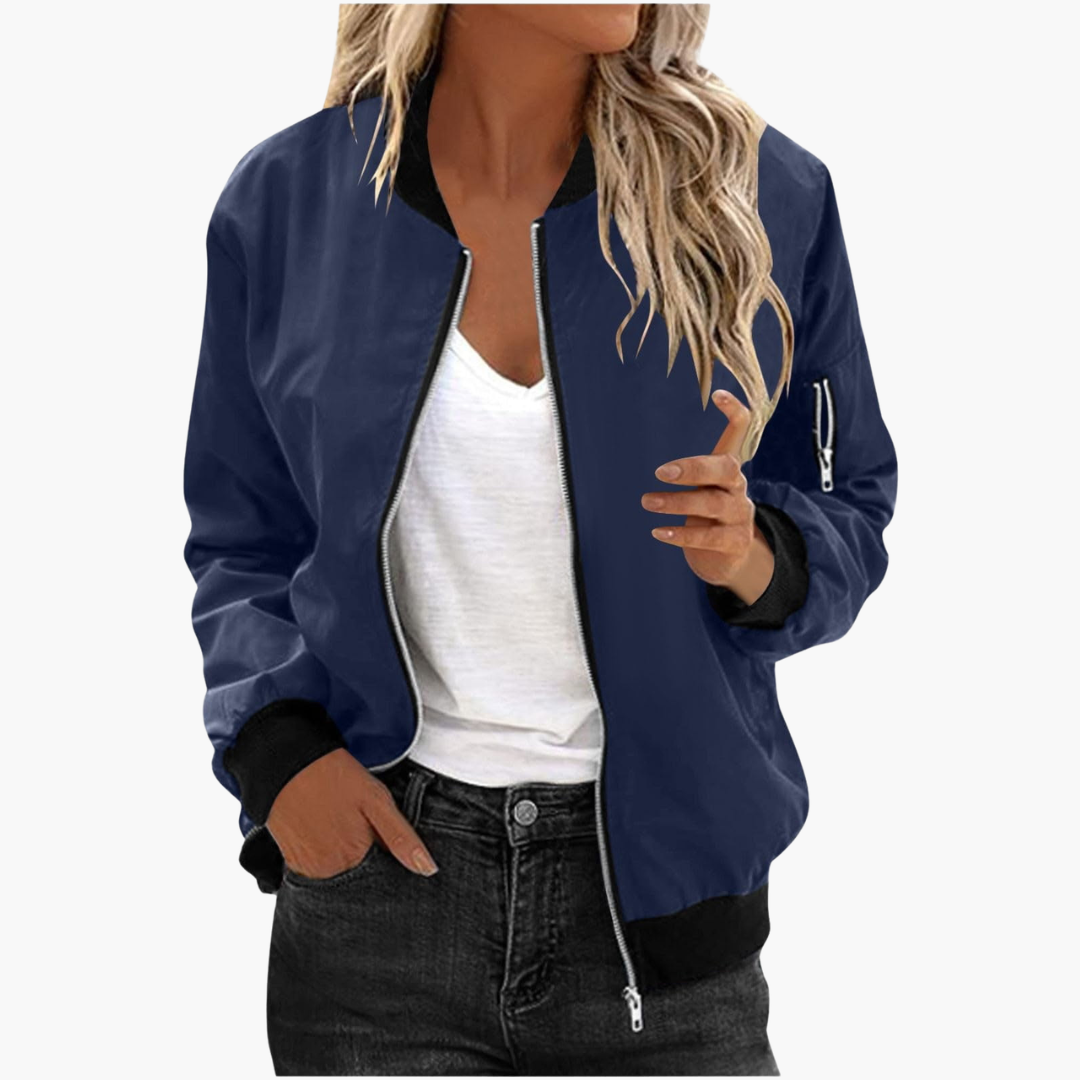 Blouson bomber femme avec fermeture zippée et finitions côtelées