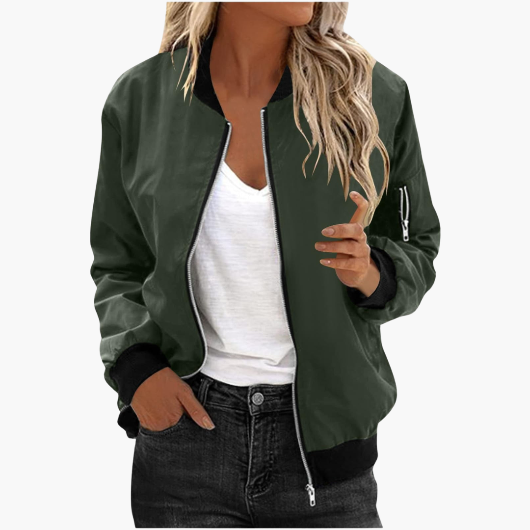 Blouson bomber femme avec fermeture zippée et finitions côtelées