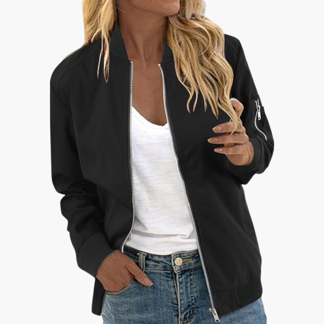 Blouson bomber femme avec fermeture zippée et finitions côtelées