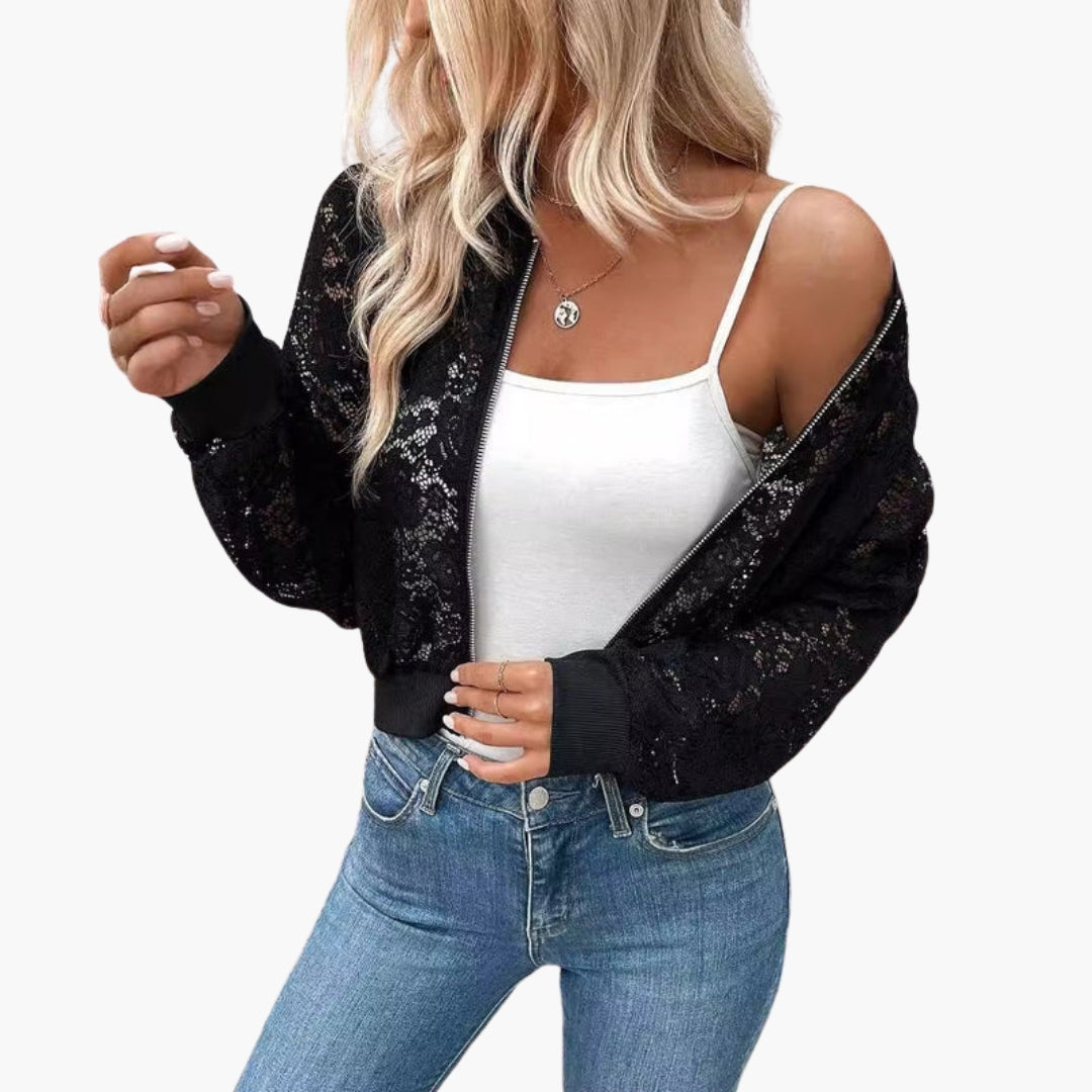 Blouson bomber femme en dentelle avec poignets côtelés