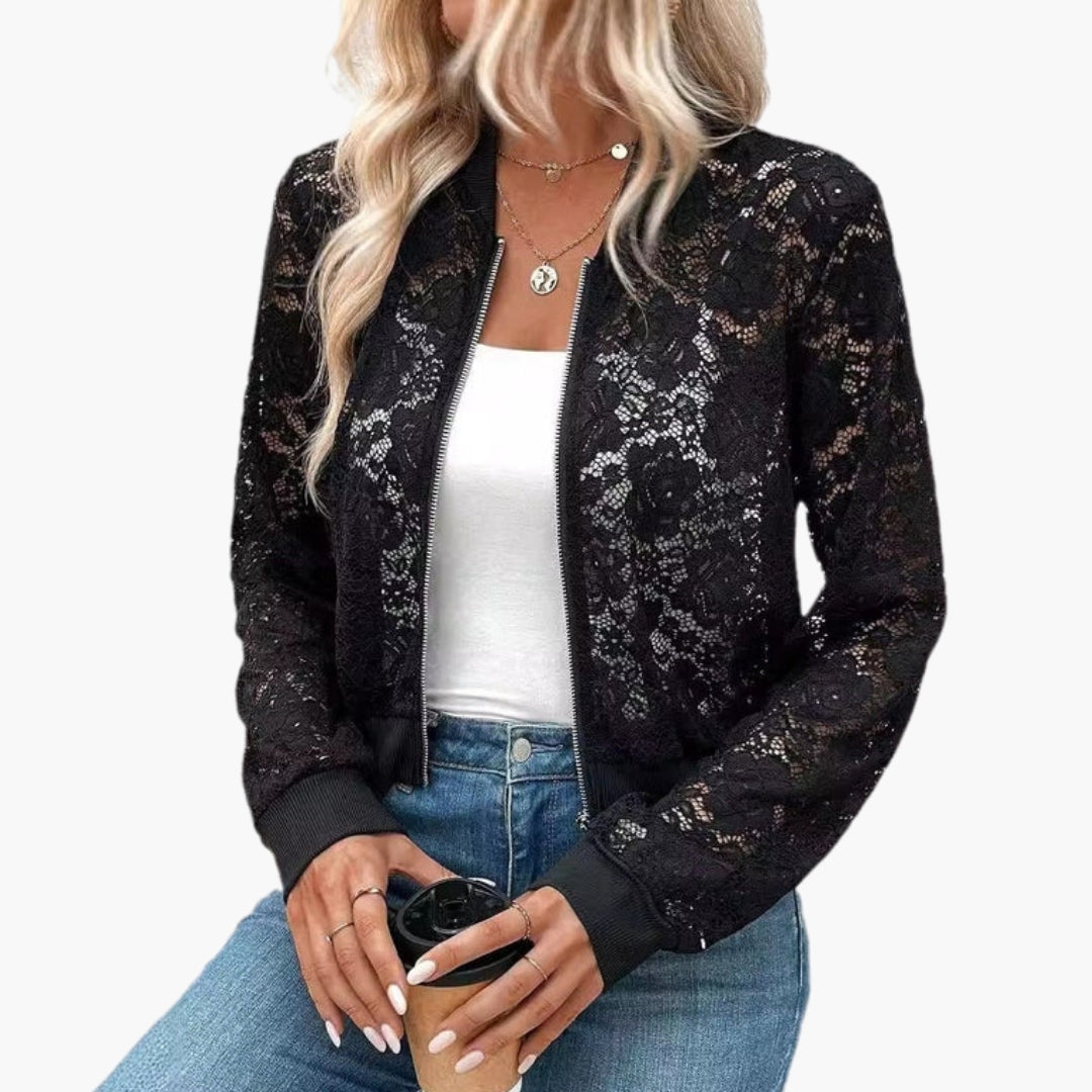 Blouson bomber femme en dentelle avec poignets côtelés