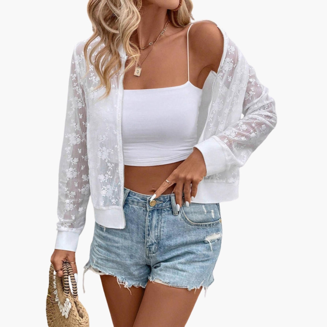 Blouson bomber donna trasparente con ricami floreali
