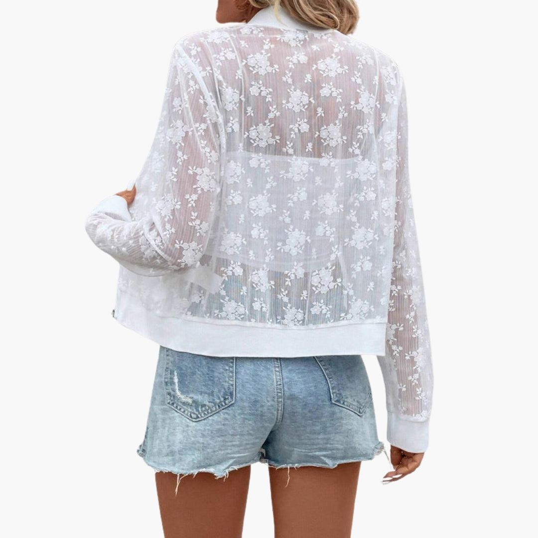 Blouson bomber donna trasparente con ricami floreali