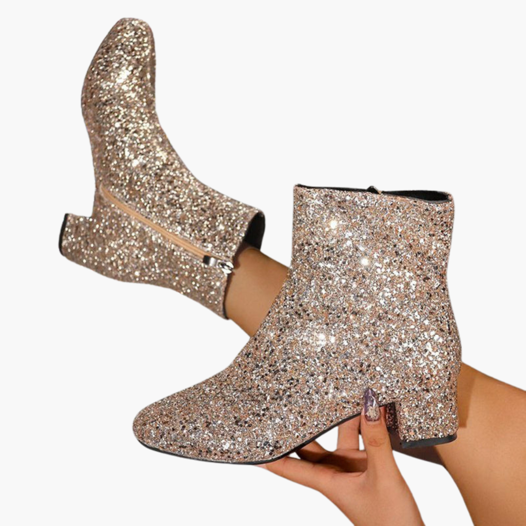 Bottines pour femme avec dessus scintillant et talon bloc