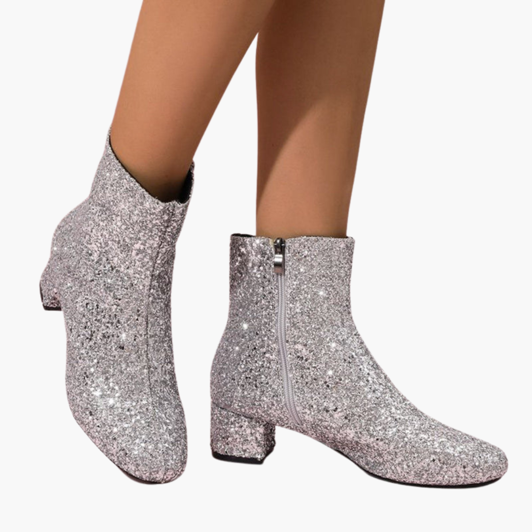 Bottines pour femme avec dessus scintillant et talon bloc