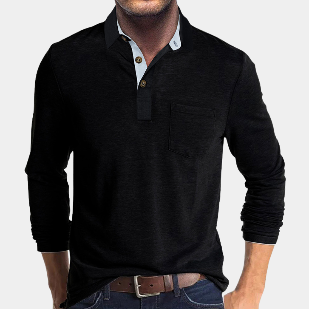 Polo homme manches longues | Poche poitrine, col classique | Style casual polyvalent