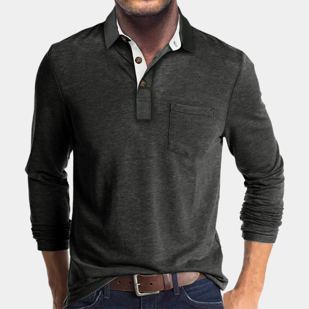Polo homme manches longues | Poche poitrine, col classique | Style casual polyvalent
