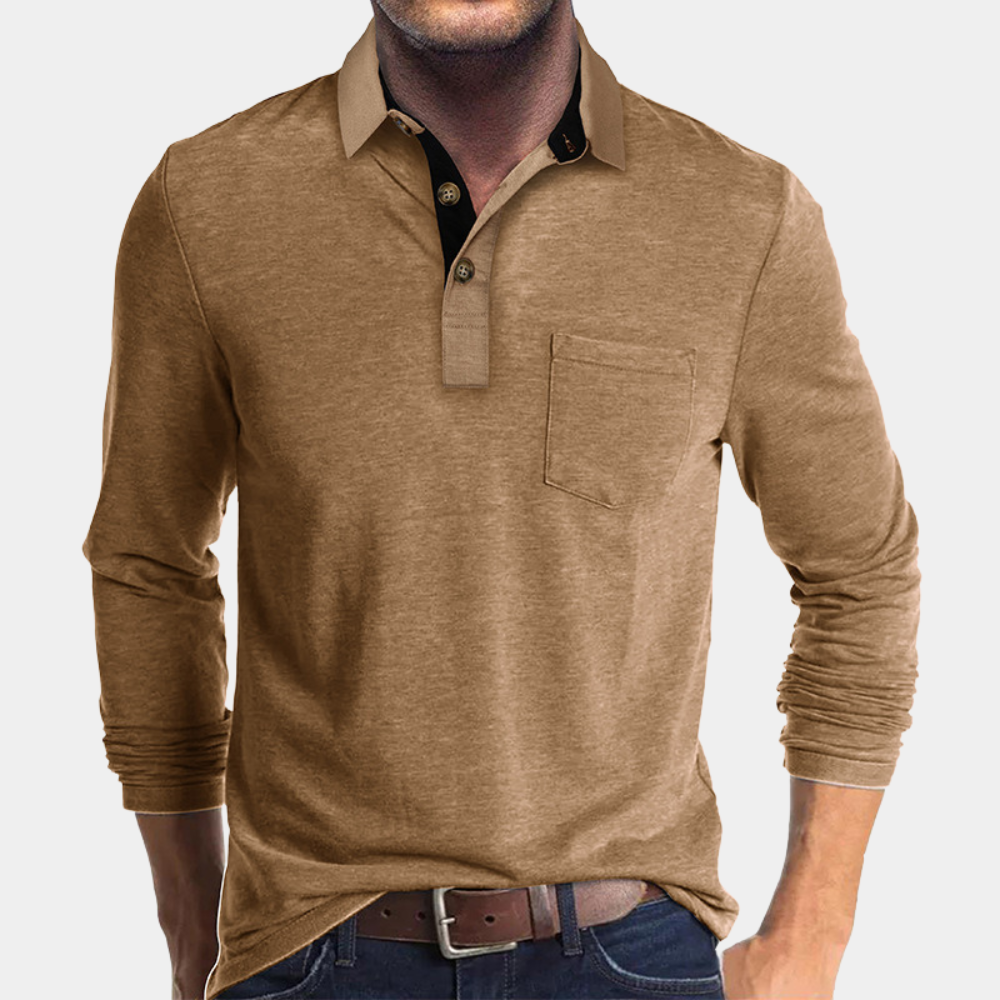Polo homme manches longues | Poche poitrine, col classique | Style casual polyvalent