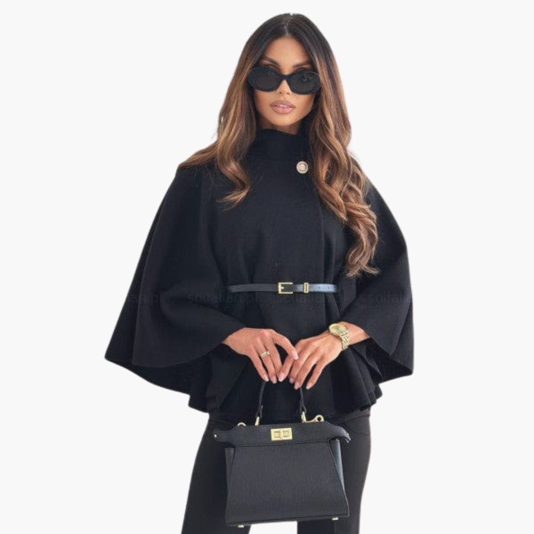 Women's wool cape with stand-up collar and belt