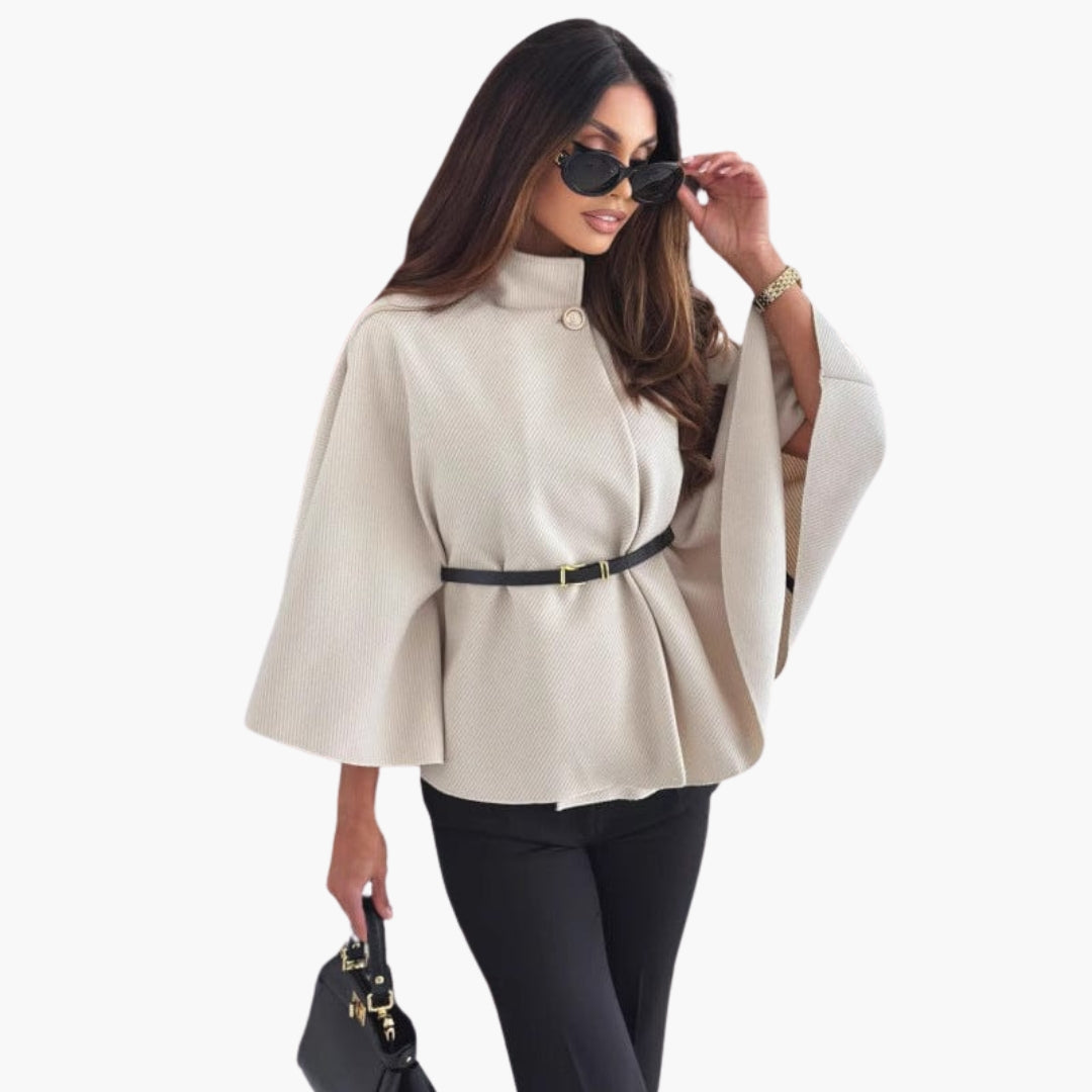 Women's wool cape with stand-up collar and belt