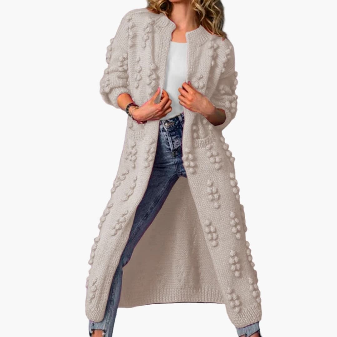 Cardigan Femme Long avec Surface Texturée et Manches Longues