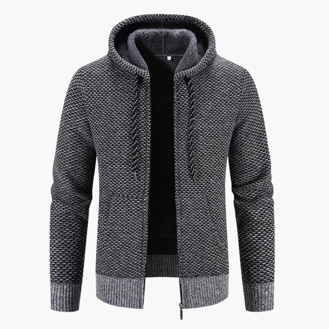 Herrkofta med dragkedja, stickad med huva