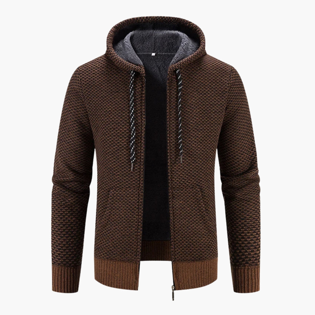 Herrkofta med dragkedja, stickad med huva