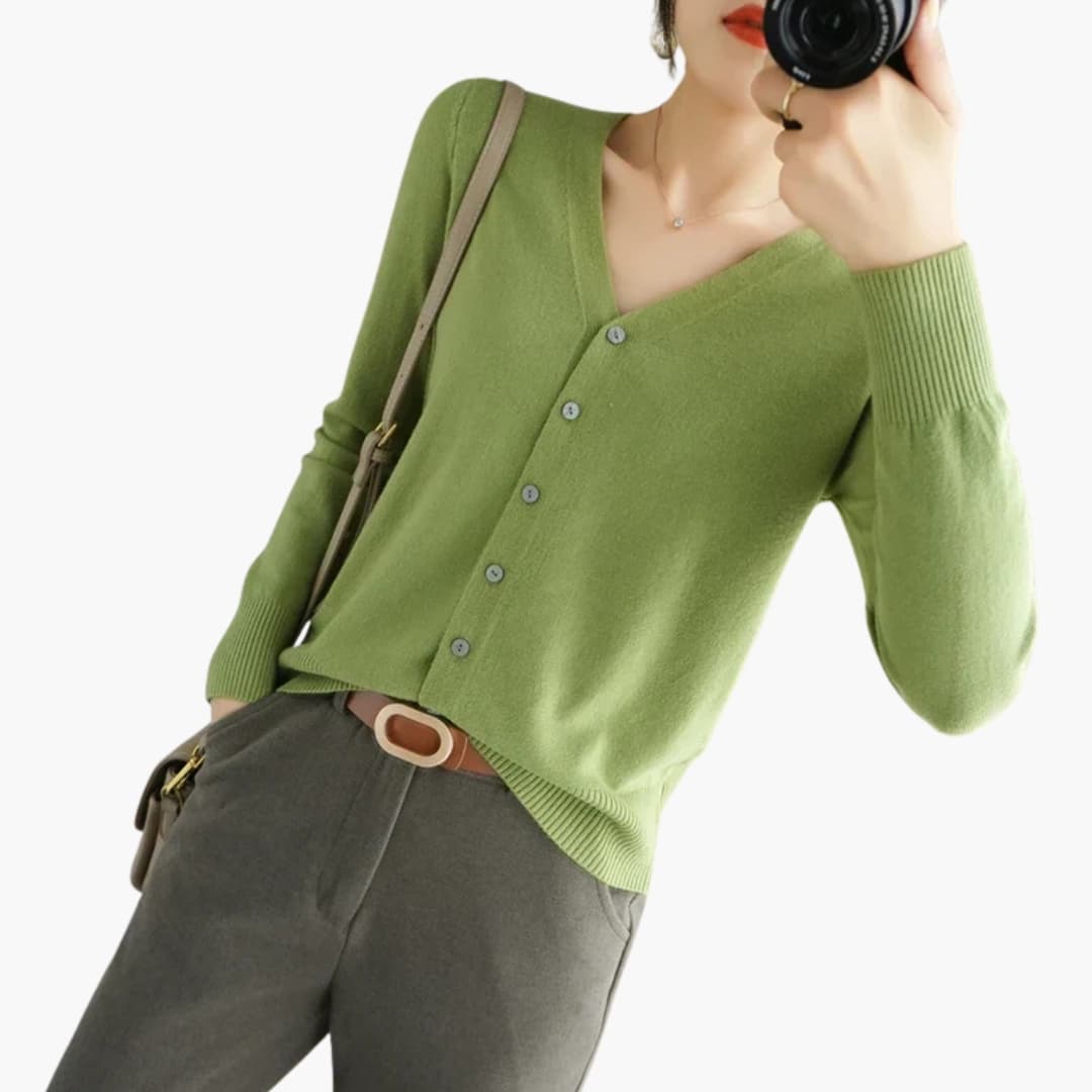 Cardigan femme à col V avec fermeture boutonnée et poignets côtelés