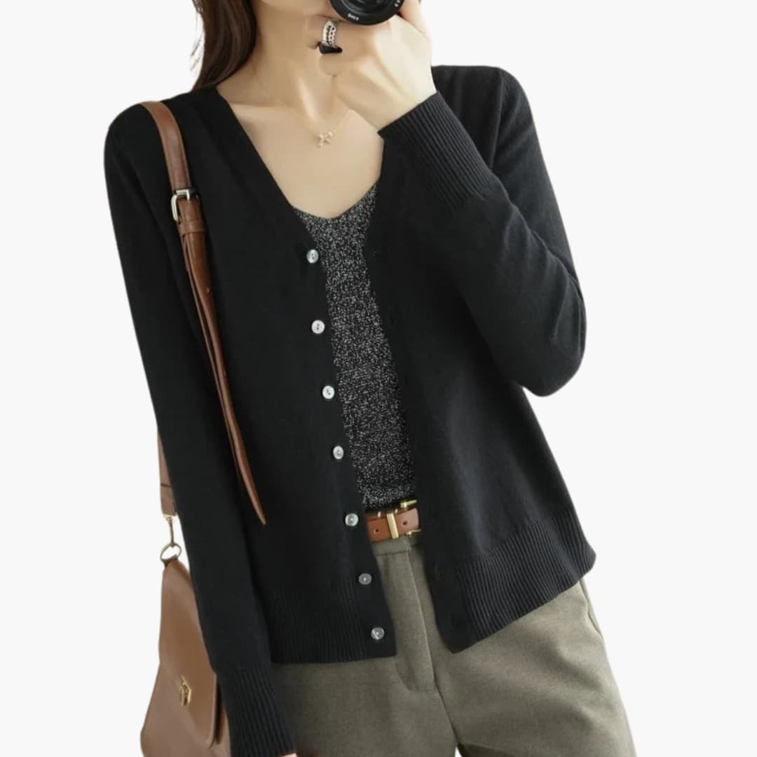 Cardigan femme à col V avec fermeture boutonnée et poignets côtelés