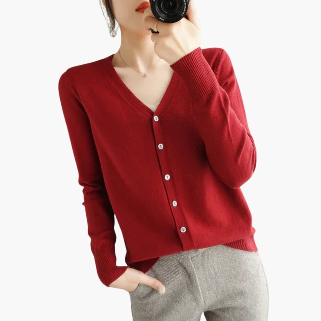 Cardigan femme à col V avec fermeture boutonnée et poignets côtelés