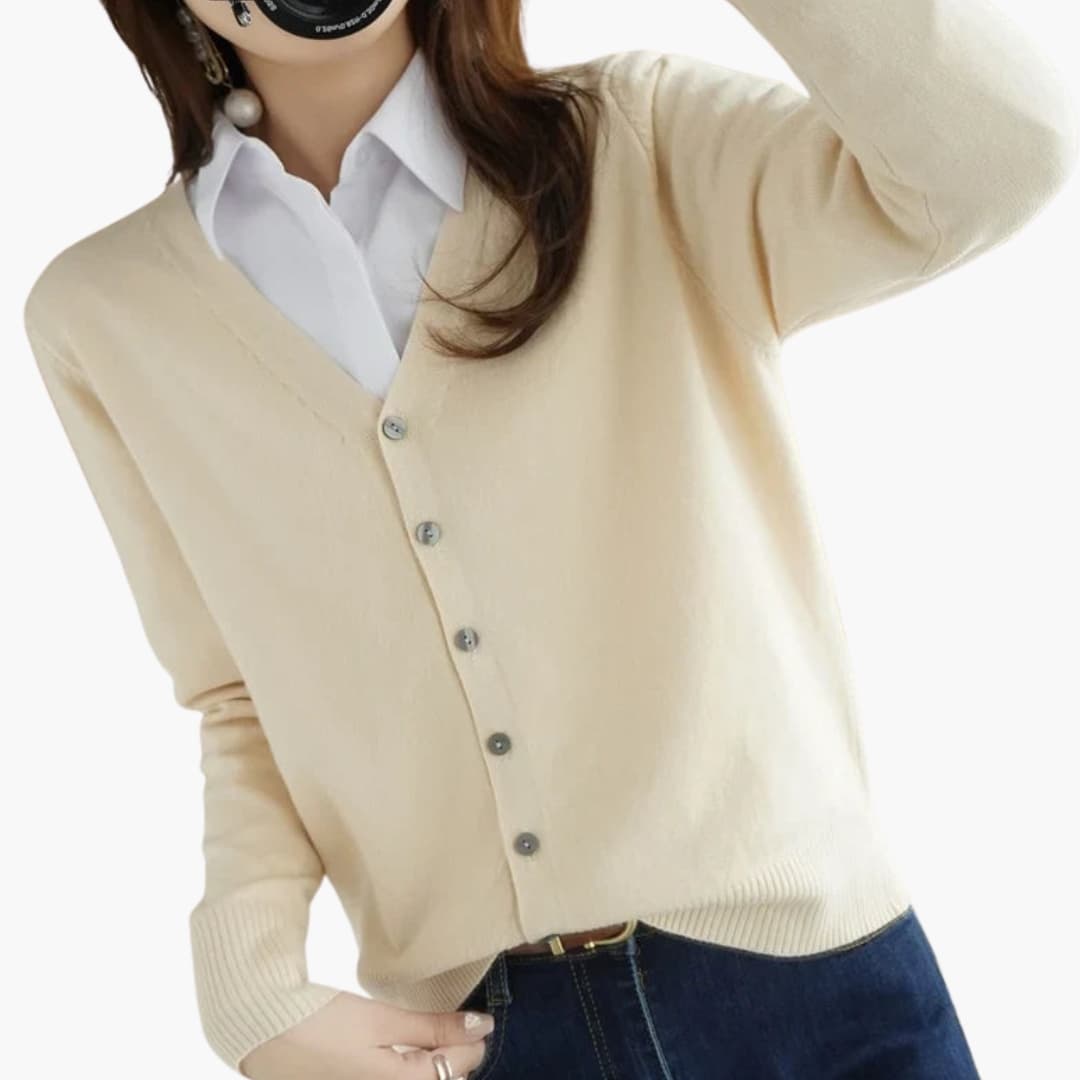 Cardigan femme à col V avec fermeture boutonnée et poignets côtelés
