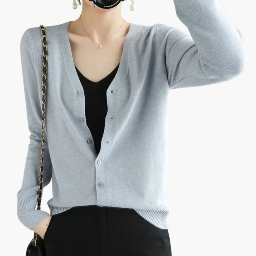 Cardigan femme à col V avec fermeture boutonnée et poignets côtelés
