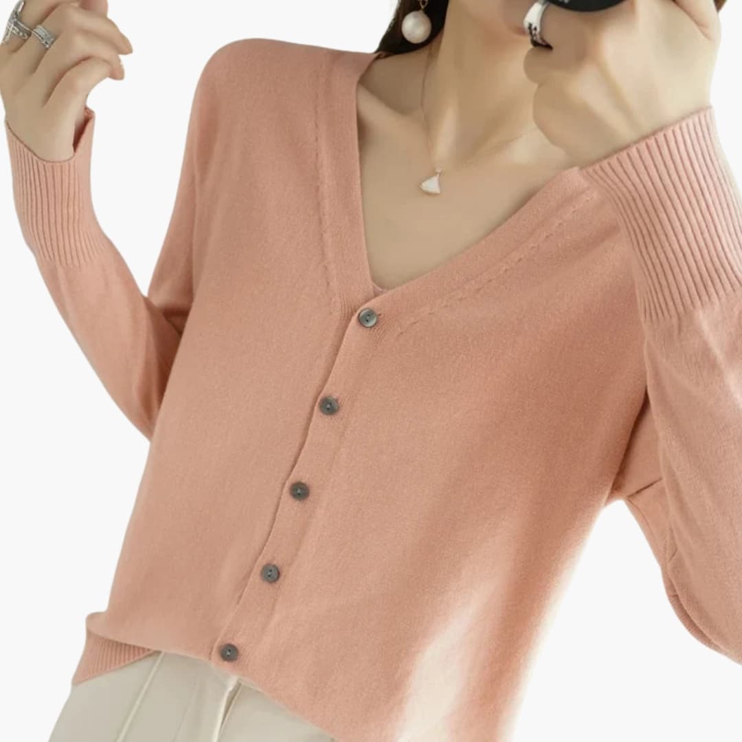 Cardigan femme à col V avec fermeture boutonnée et poignets côtelés