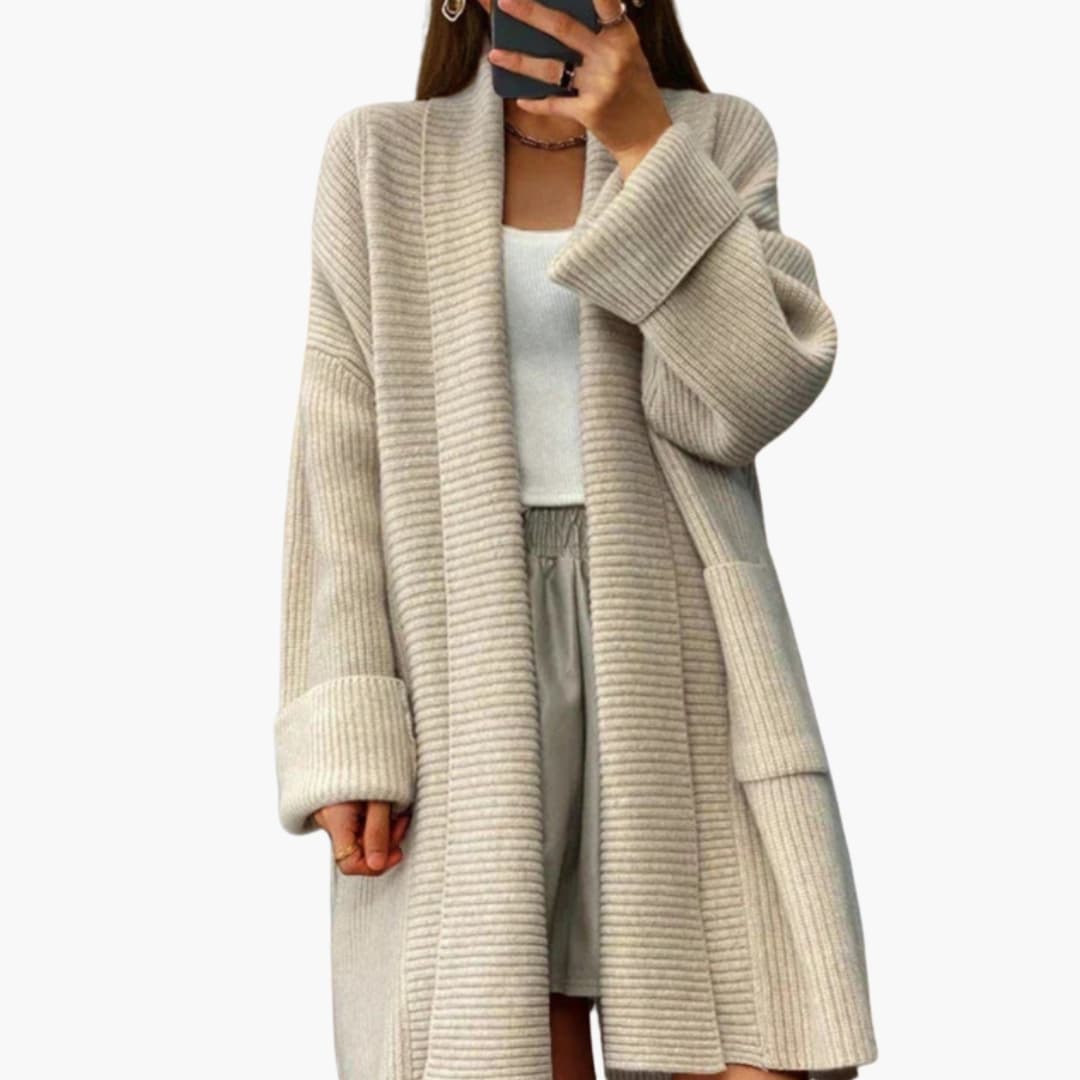 Cardigan long femme à poches avant côtelées
