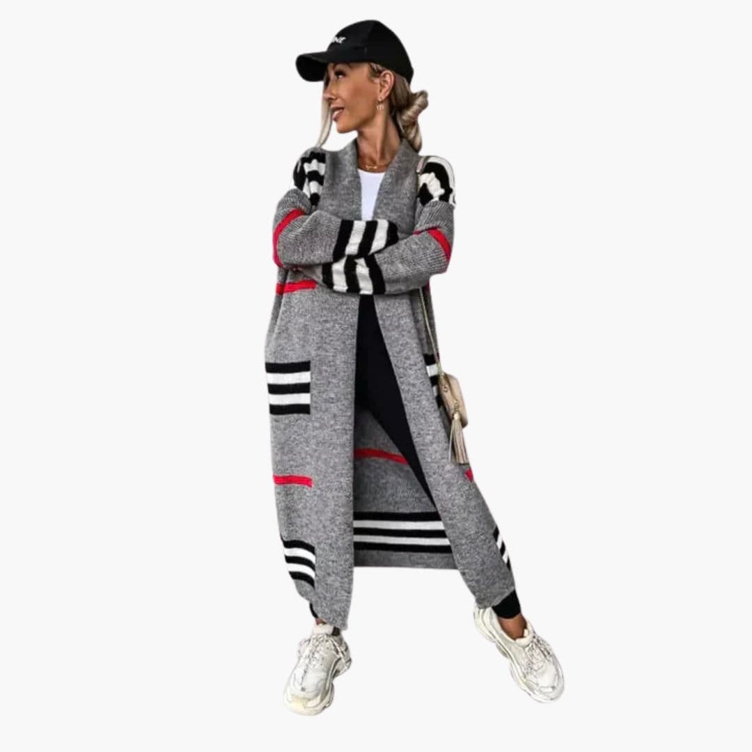 Cardigan long femme à rayures avec ouverture devant