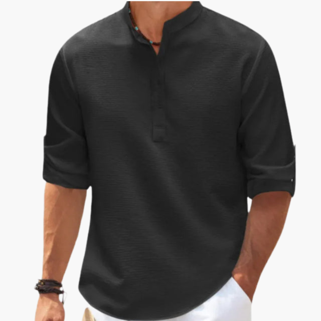 Chemise Henley pour homme avec patte de boutonnage et manches retroussables