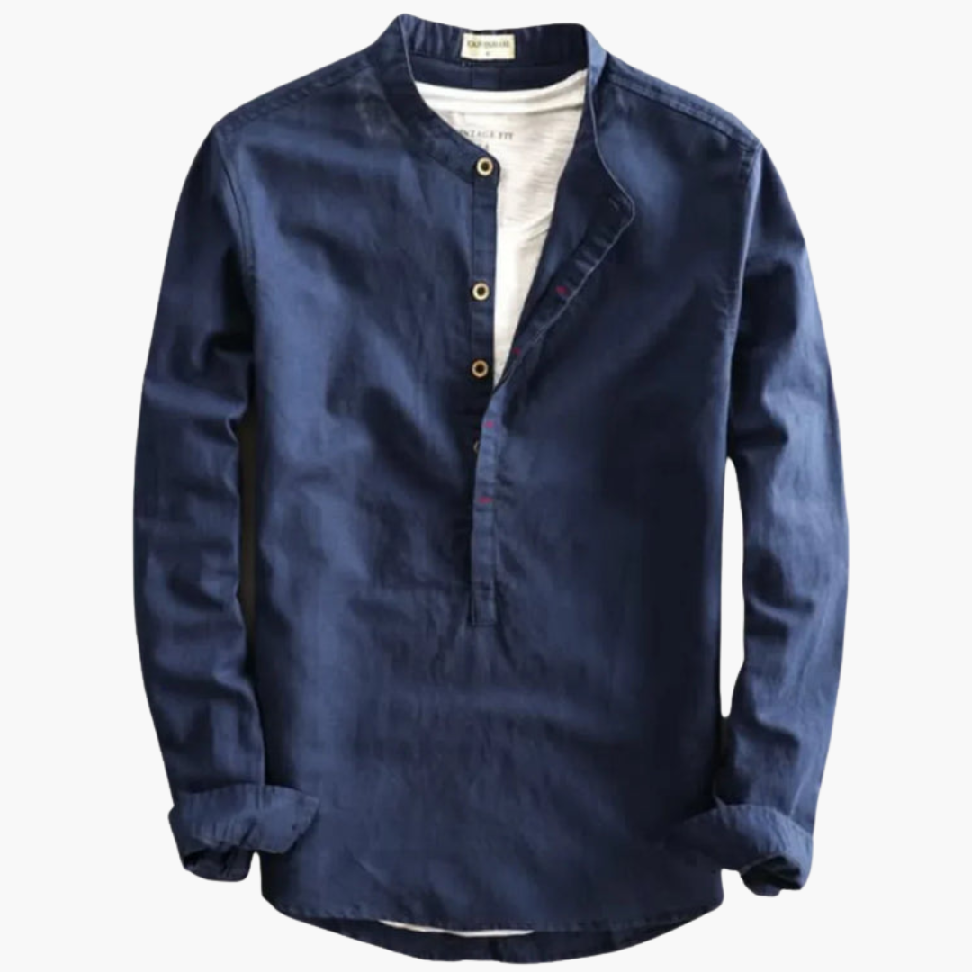 Chemise à manches longues pour homme avec col droit et patte de boutonnage