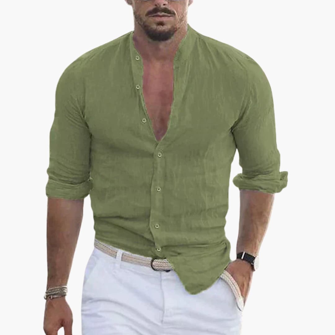Chemise à manches longues pour homme avec col montant et fermeture à boutons