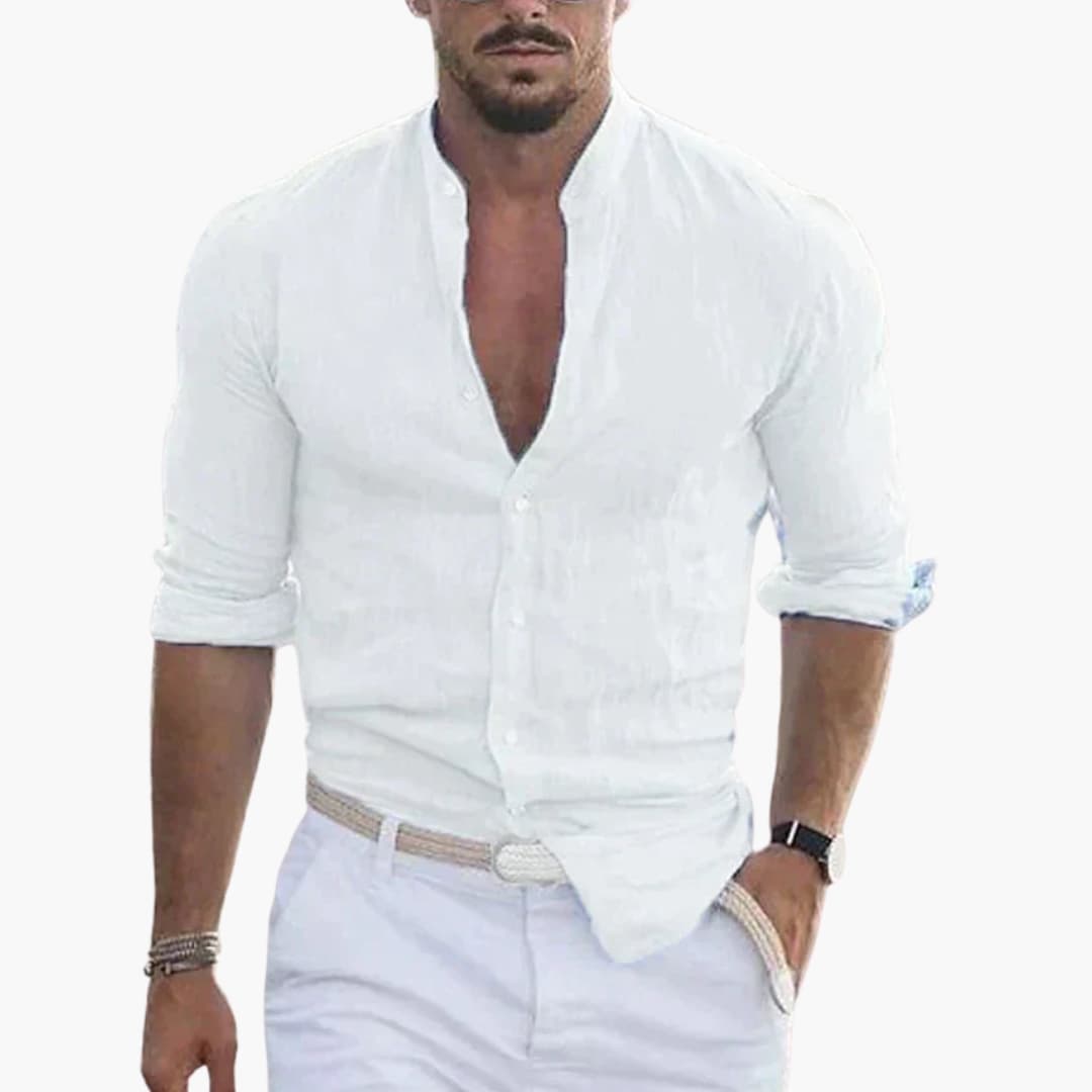 Chemise à manches longues pour homme avec col montant et fermeture à boutons