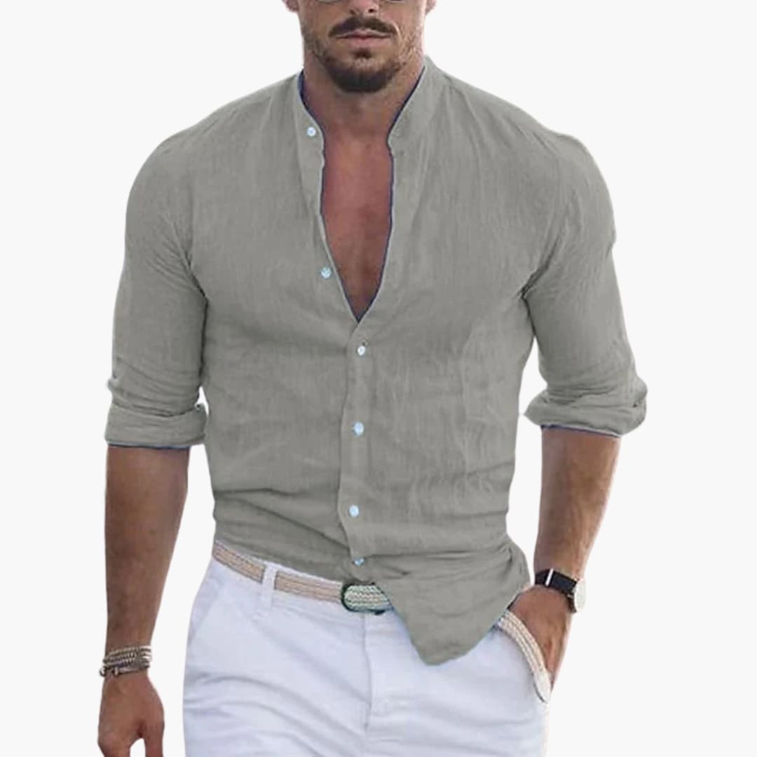 Chemise à manches longues pour homme avec col montant et fermeture à boutons