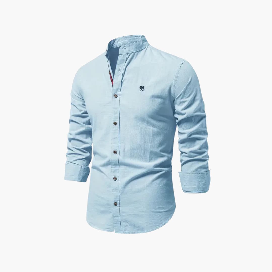 Chemise à manches longues pour homme avec col montant et fermeture à boutons