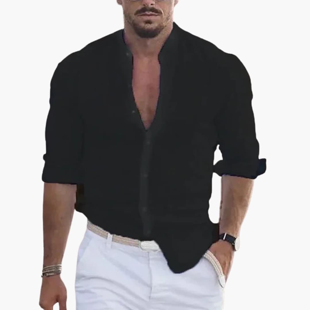 Chemise à manches longues pour homme avec col montant et fermeture à boutons