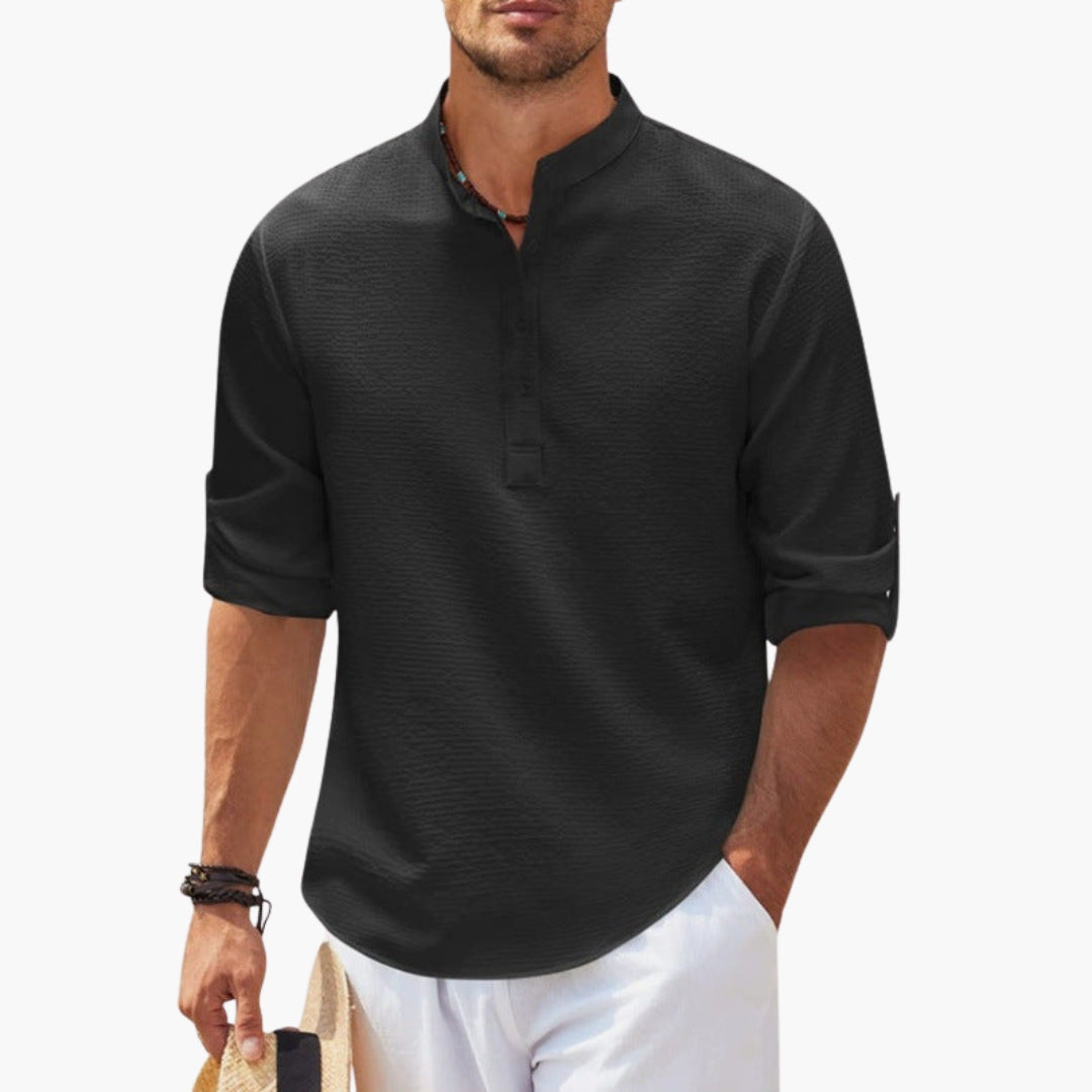 Chemise homme avec col Henley et manches retroussables