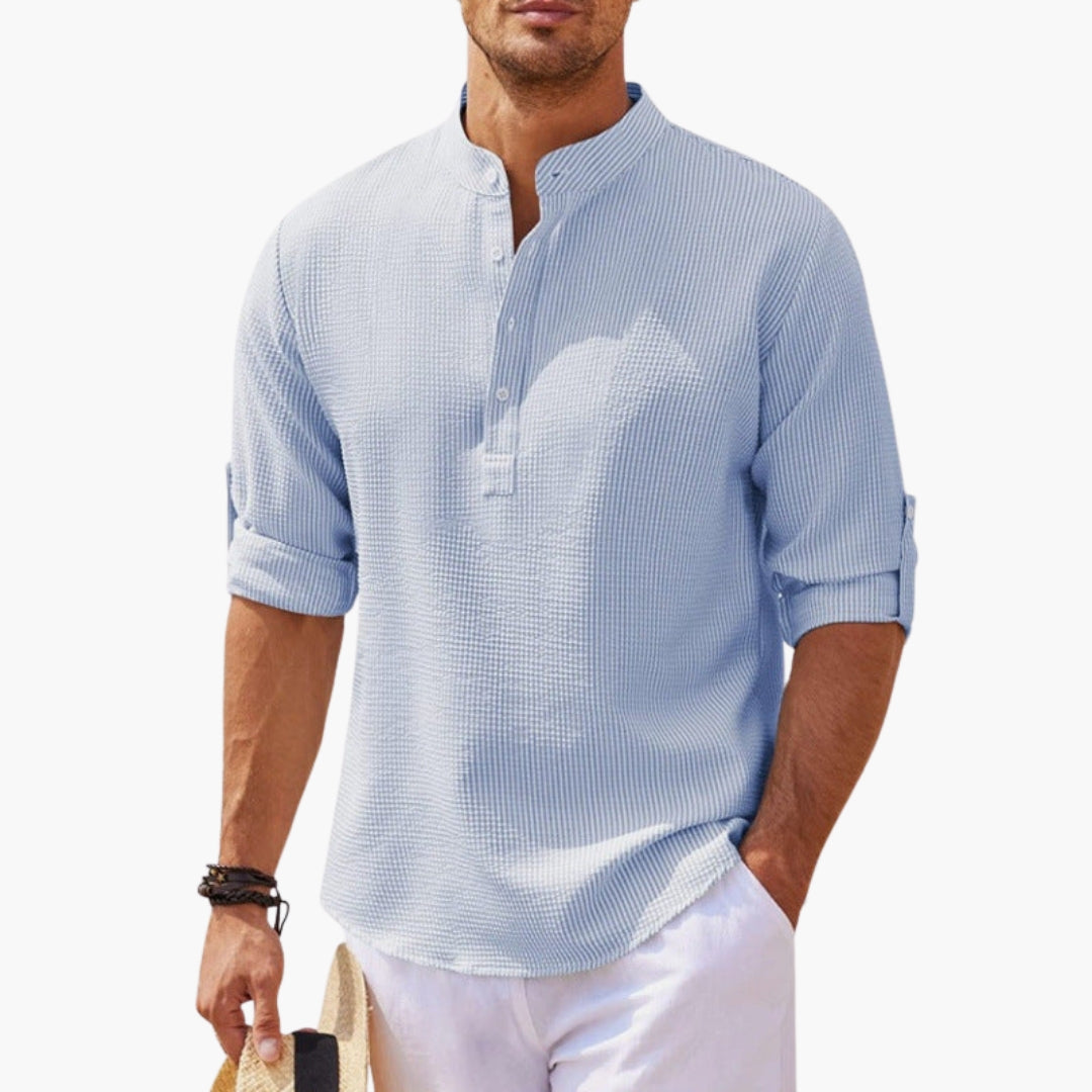 Chemise homme avec col Henley et manches retroussables