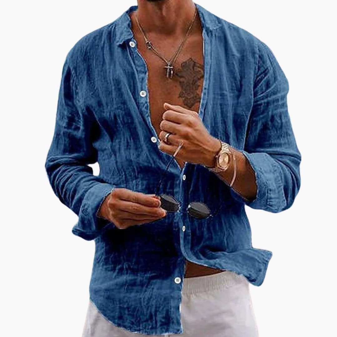 Chemise homme unie à manches longues avec col revers et fermeture boutonnée