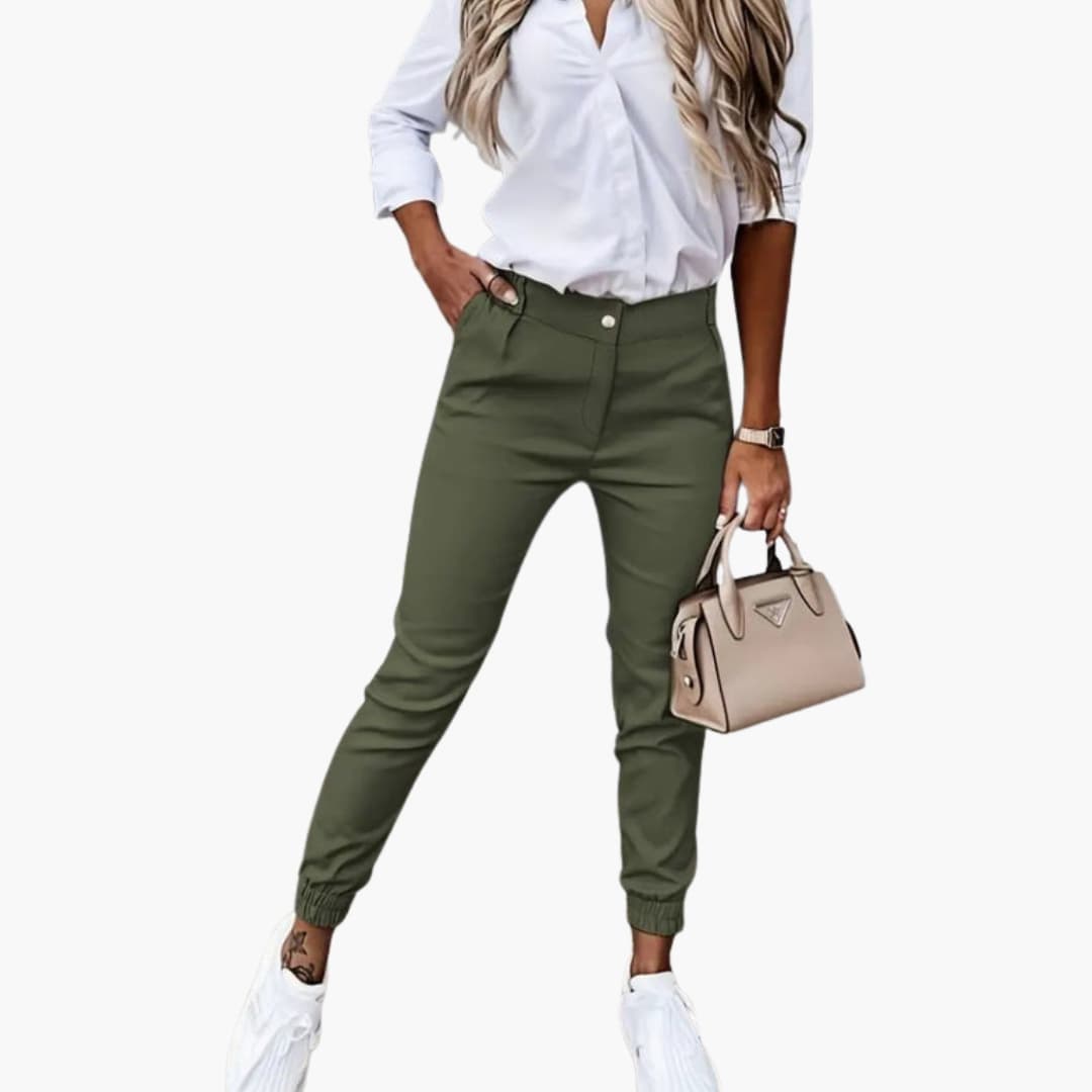 Pantalon Femme avec Fermeture à Bouton et Revers au Bas