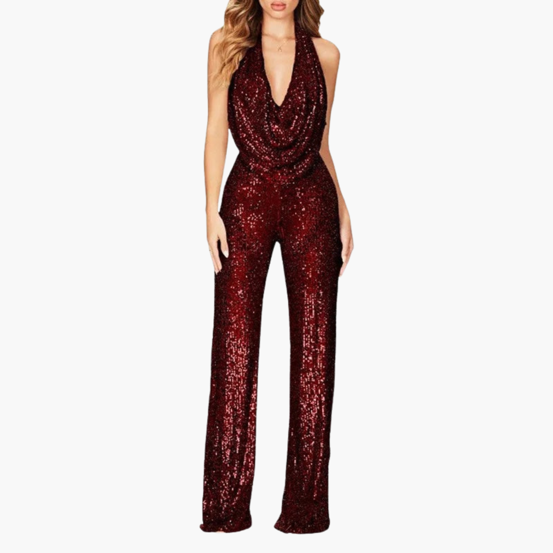 Women's jumpsuit with halter neckline, draped collar, and sequin surface