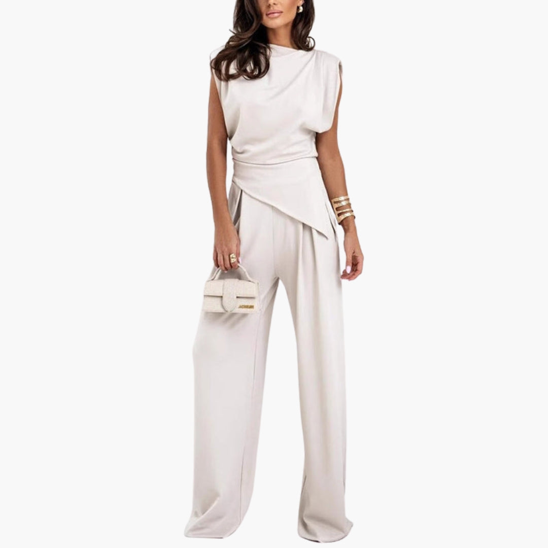 Tuta donna con scollo drappeggiato e gambe larghe