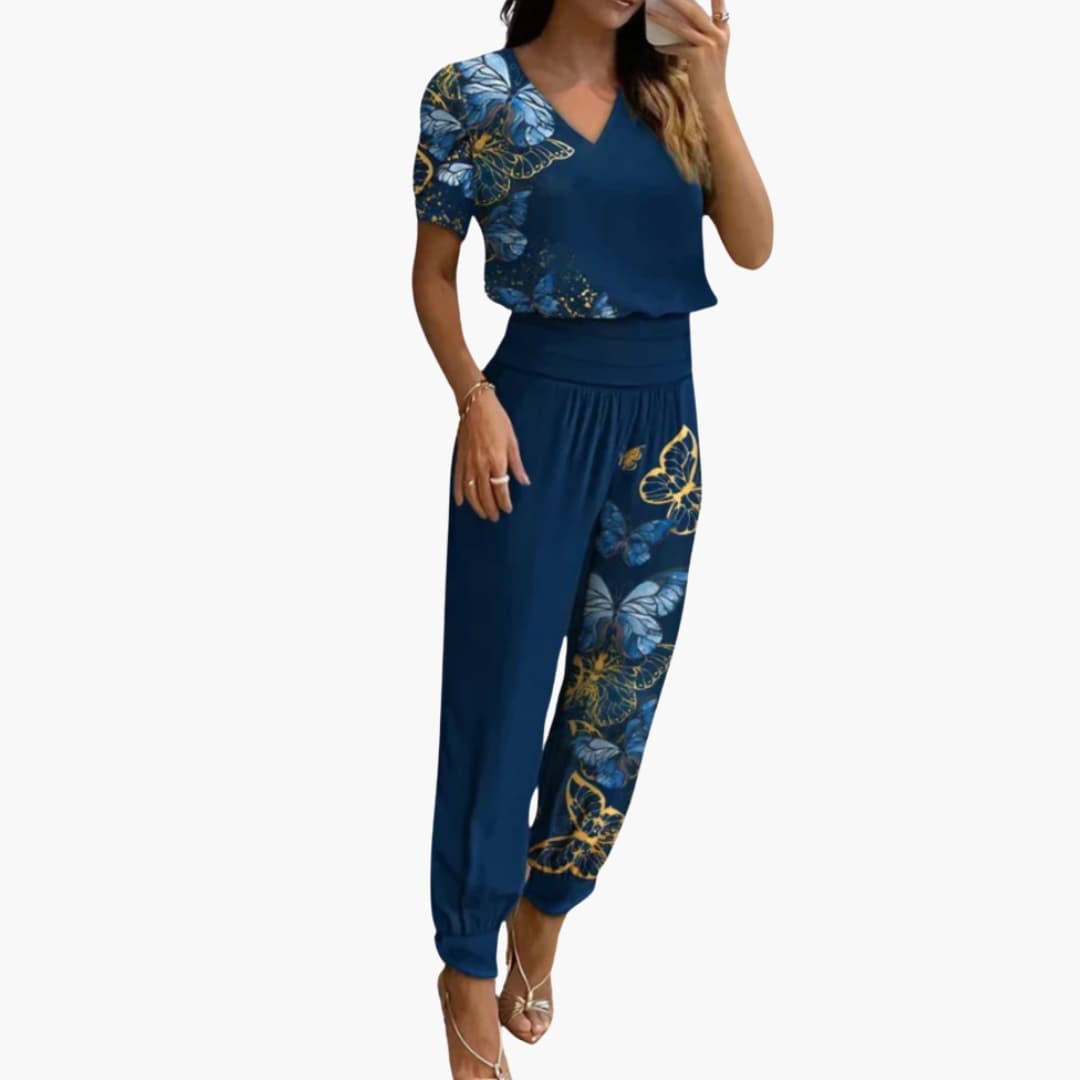 Combinaison femme à encolure en V avec motif marbré