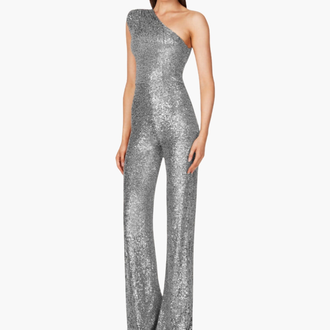 Women's jumpsuit with one-shoulder asymmetrical straight cut