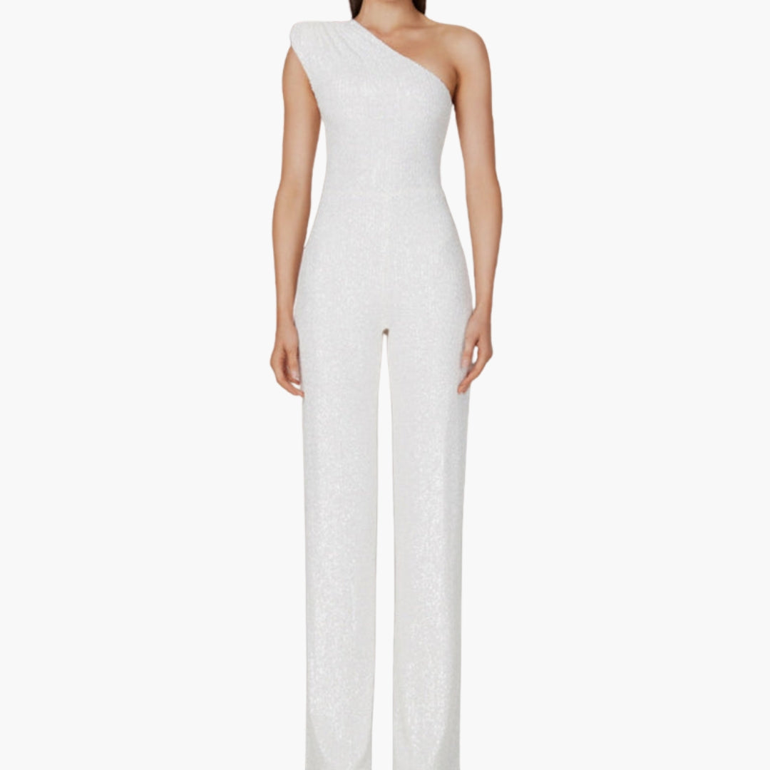Women's jumpsuit with one-shoulder asymmetrical straight cut